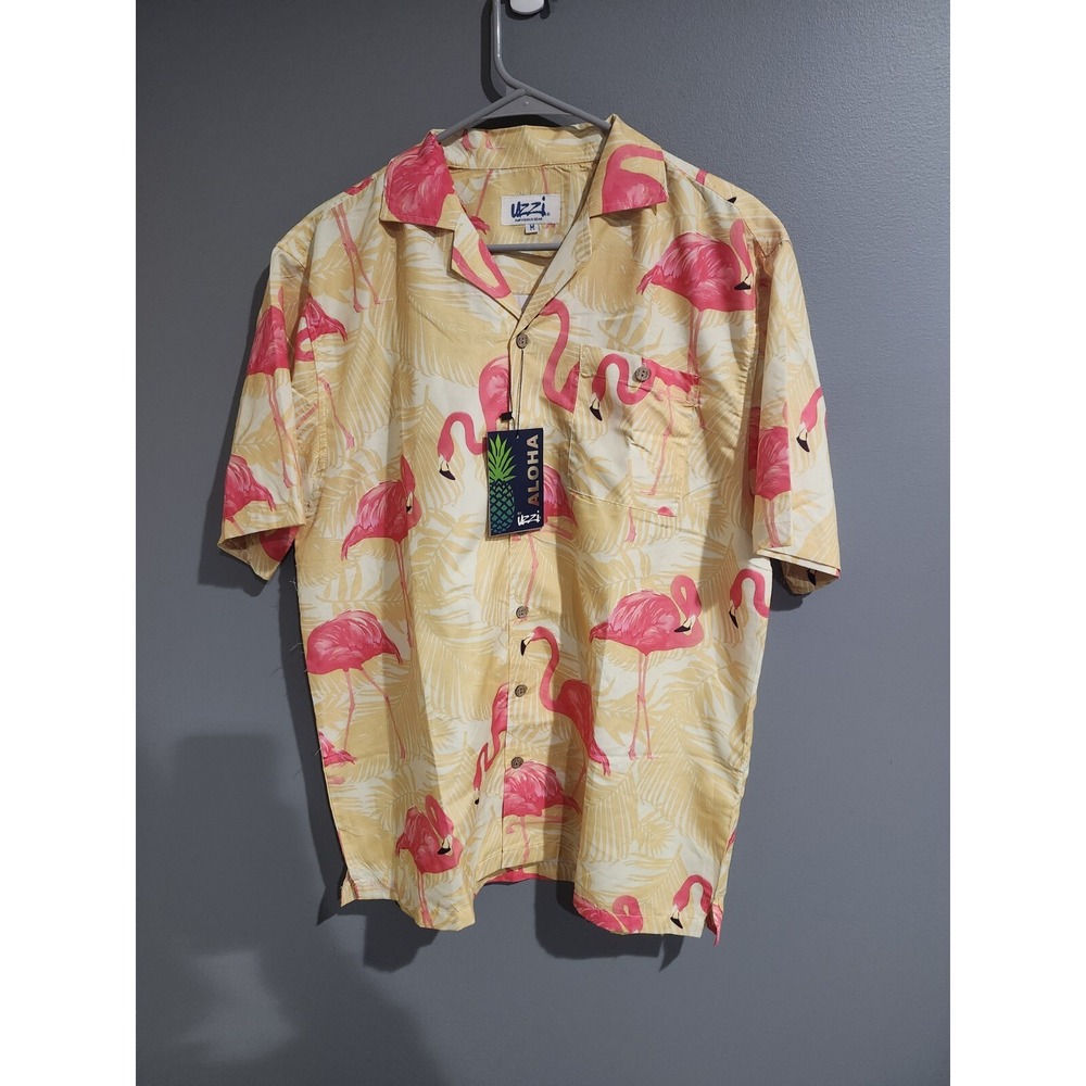 Alhoa By Uzzi Flamingo Hawaiian Short Sleev Button Up Mens Size Medium New